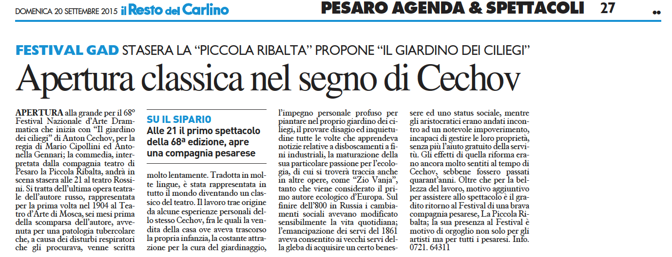 2015 09 20 Il Resto del Carlino Apertura classica nel segno di Cechov 