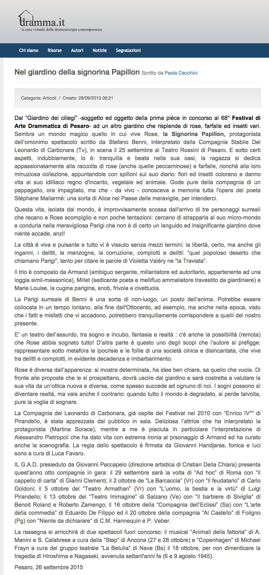 2015 09 26 Dramma.it Nel giardino della signorina Papillon