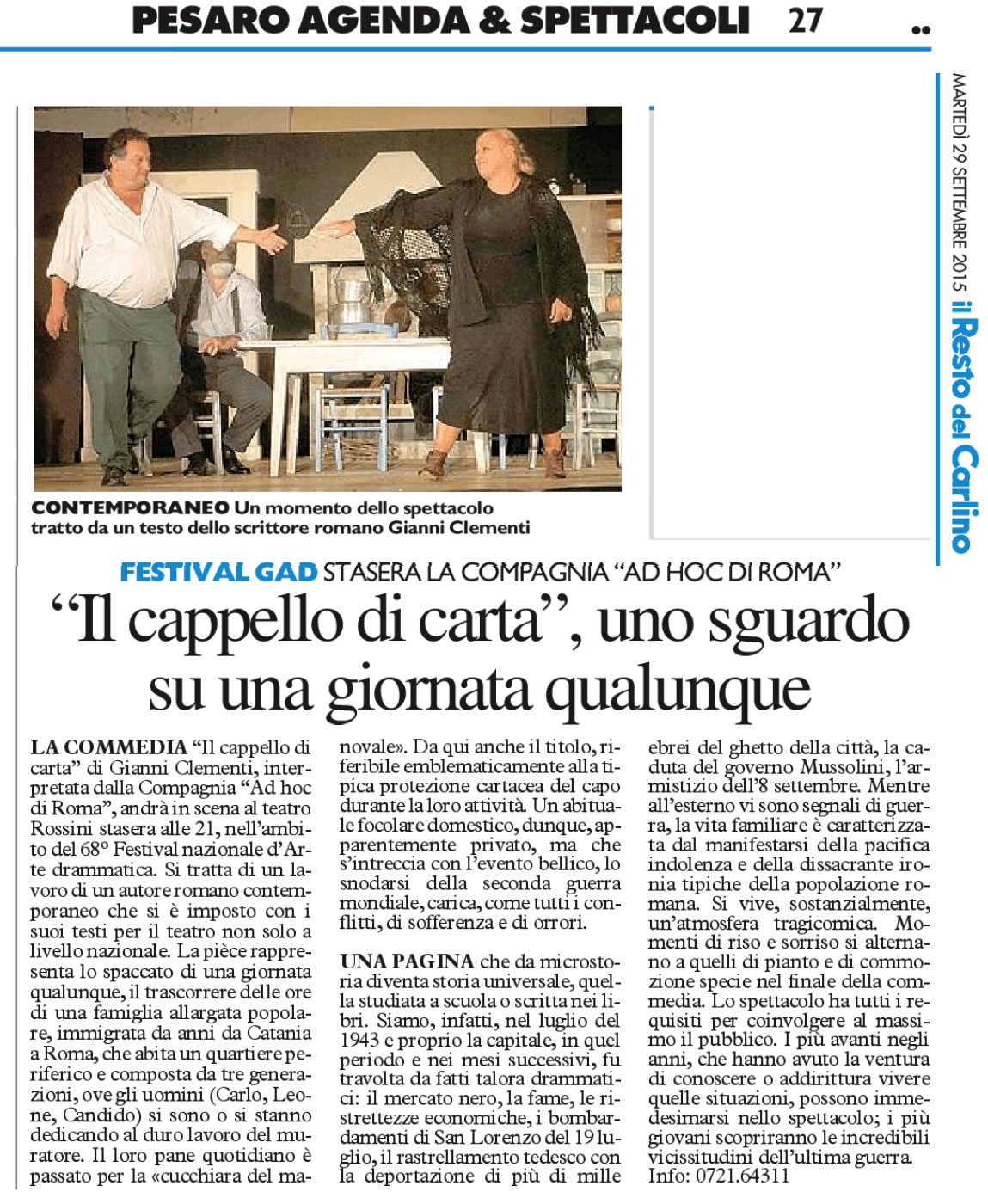 2015 09 29 Il resto del Carlino Il cappello di carta uno sguardo su una giornata qualunque