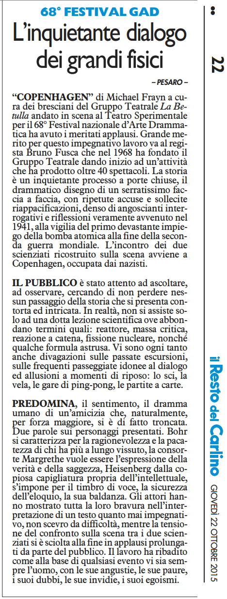 2015 10 22 Il Resto del Carlino Linquietante dialogo dei grandi fisici