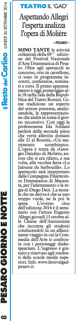 2016 09 26 Il Resto del Carlino Aspettando Allegri lesperta analizza lopera di Moliere