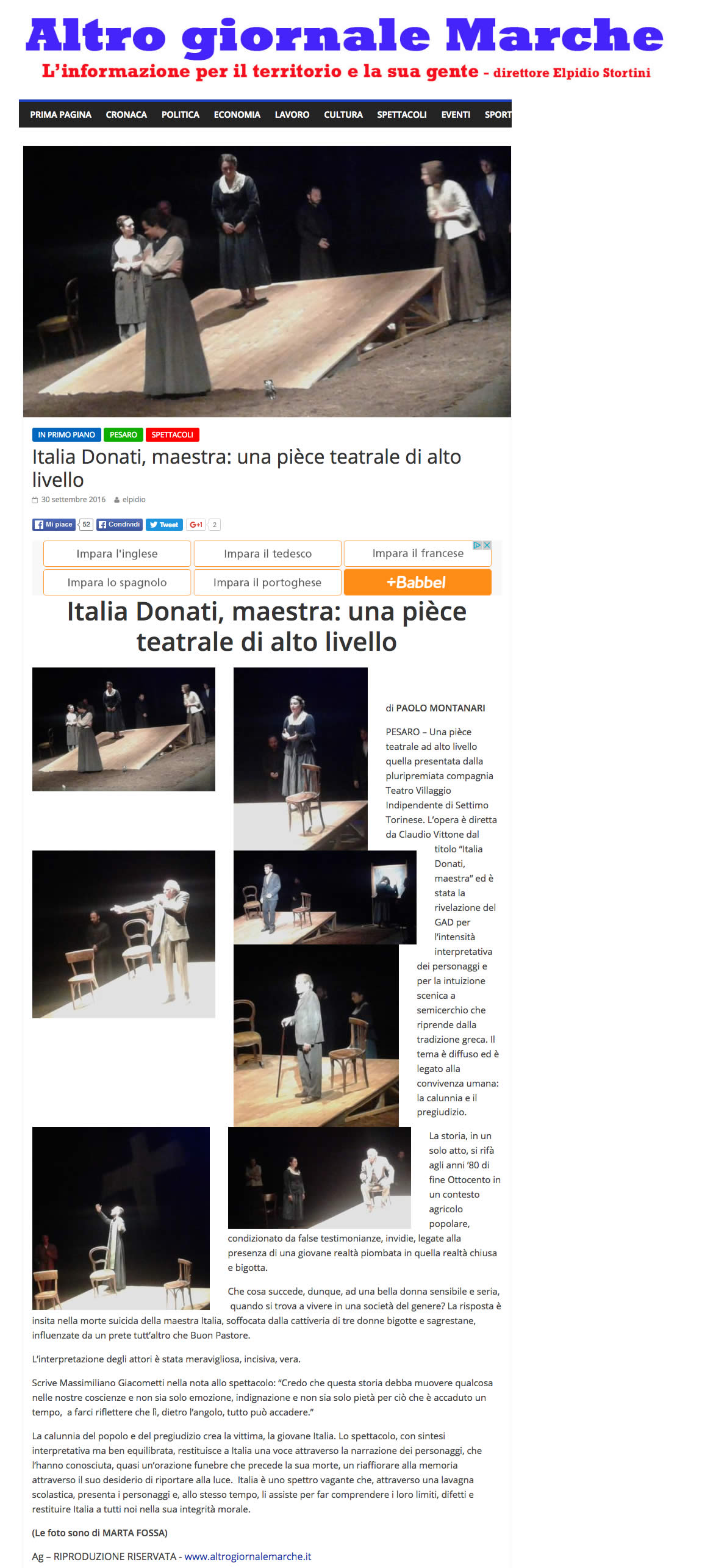 2016 10 02 Altro giornale Marche Italia Donati una piece teatrale di livello