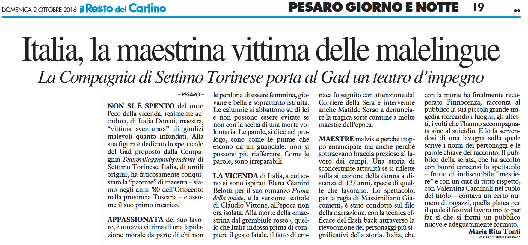 2016 10 02 Il Resto del Carlino Italia la maestrina vittima delle malelingue