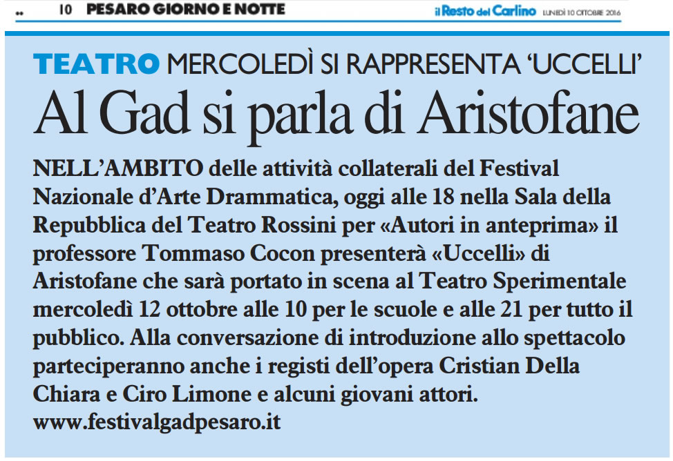 2016 10 10 Il Resto del Carlino Al Gad si paral di Aristofane
