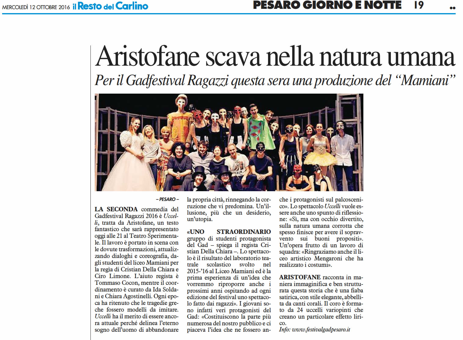 2016 10 12 Il Resto del Carlino Aristofane scava nella natura umana