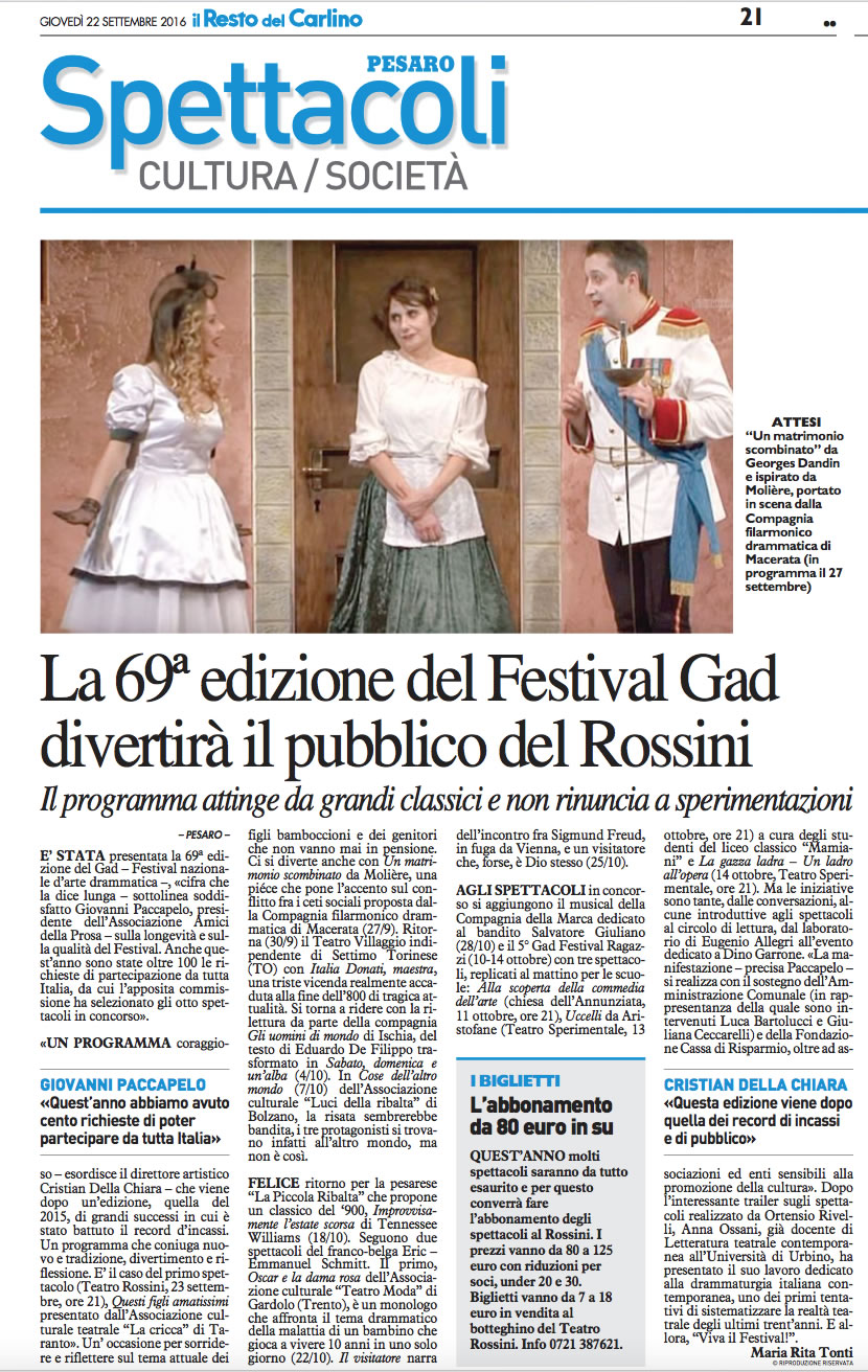 2016 09 22 IlRestoDelCarlino Il 69GAD divertira il pubblico