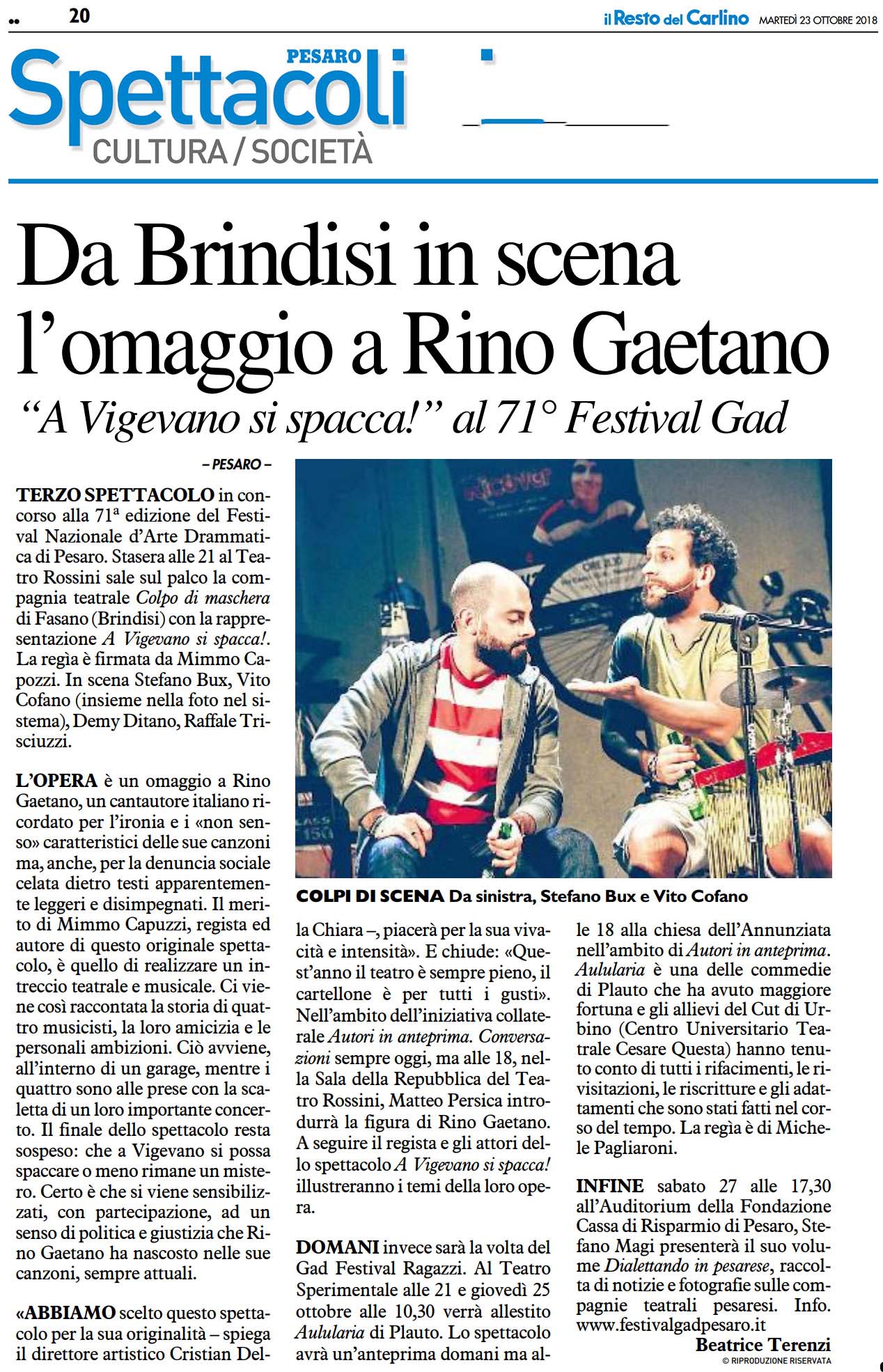2018 10 23 il resto del carlino Da Brindisi in scena lomaggio a Rino Gaetano