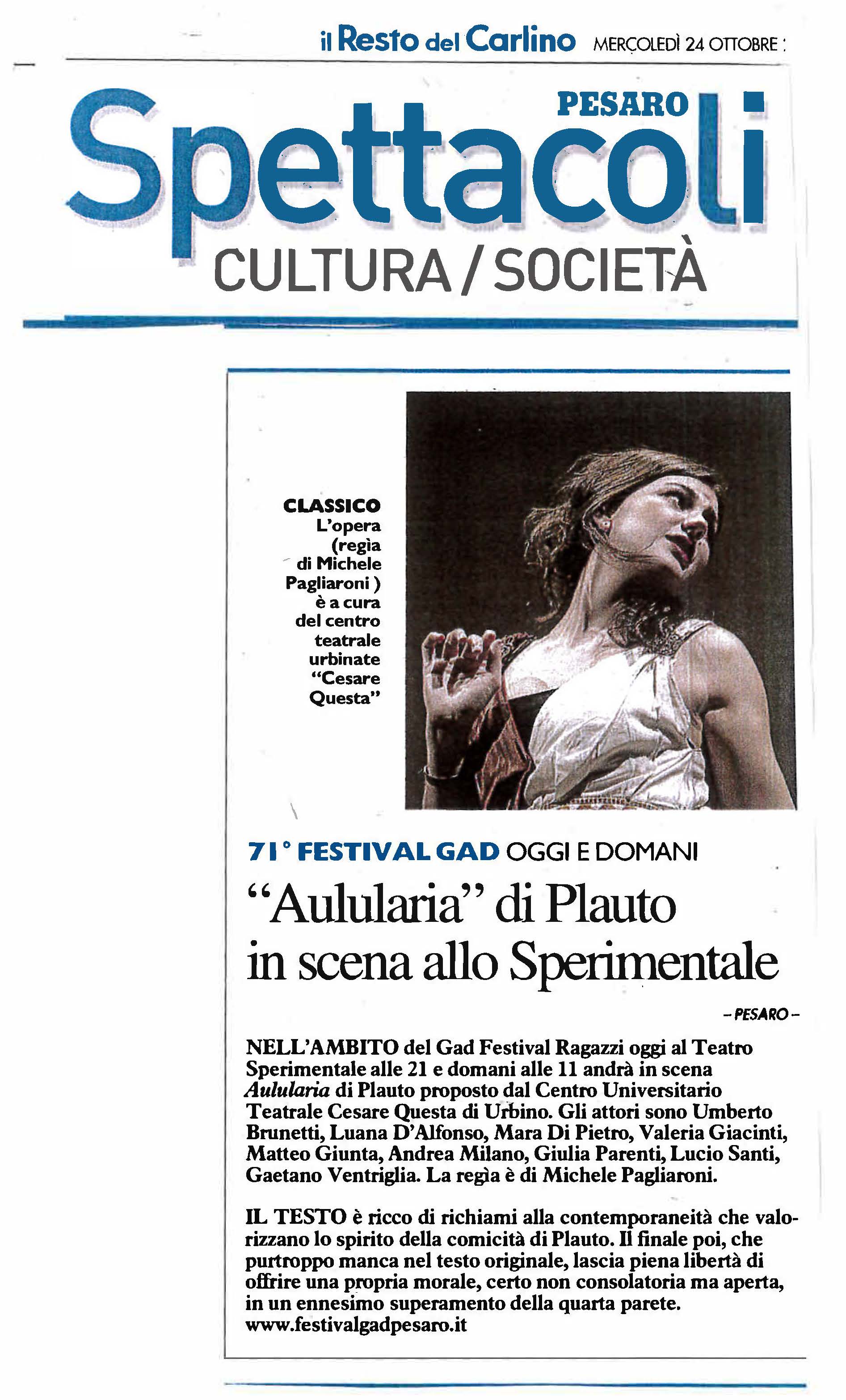 2018 10 24 il resto del carlino Aulularia di Plauto in scena allo Sperimentale